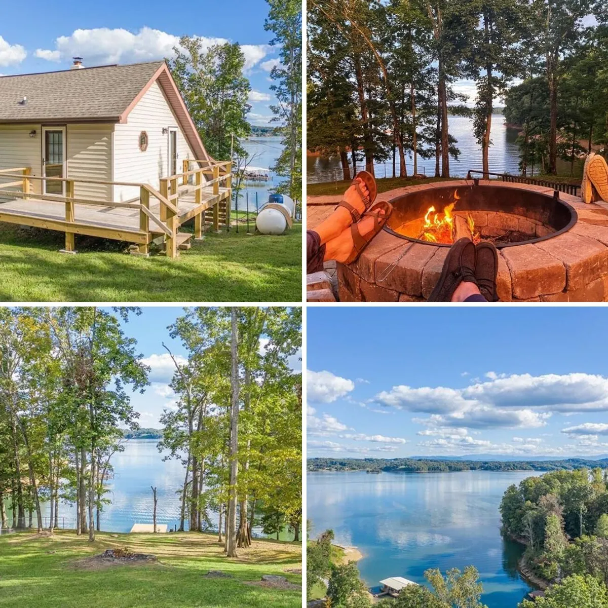 This image features a lakeside cabin with a fire pit, surrounded by trees and overlooking the water. It evokes the experience of gathering by the fire, sharing stories, or simply enjoying stargazing nights after a day on the lake.